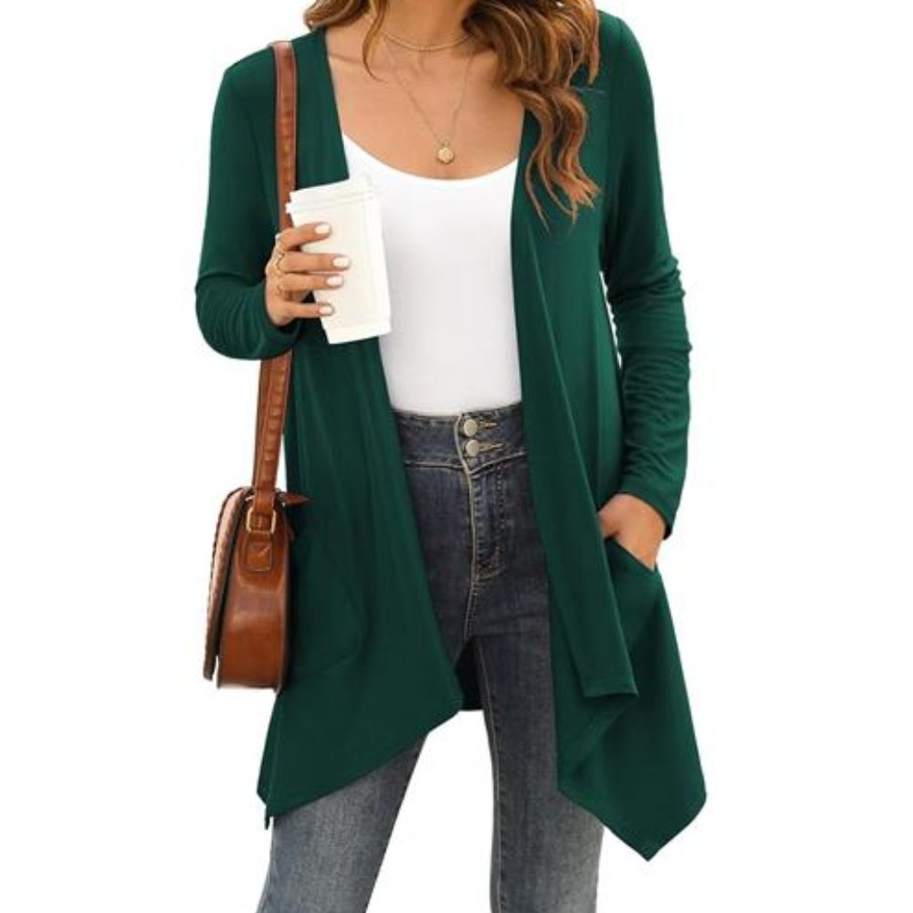 Womens Green Cardigan With Pockets Medium Lightweight Sweater Fall Fashion Trend